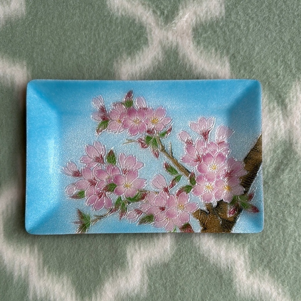 Vintage Japanese wireless closonne enamel  Rectangular Tray cherry bloss…